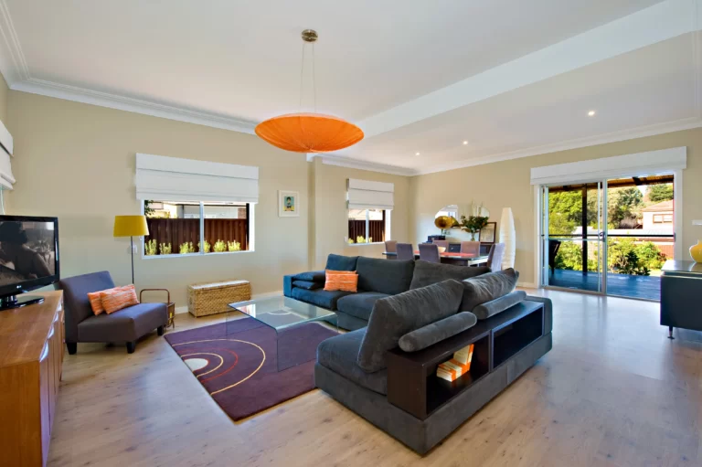 Living room with orange pendant